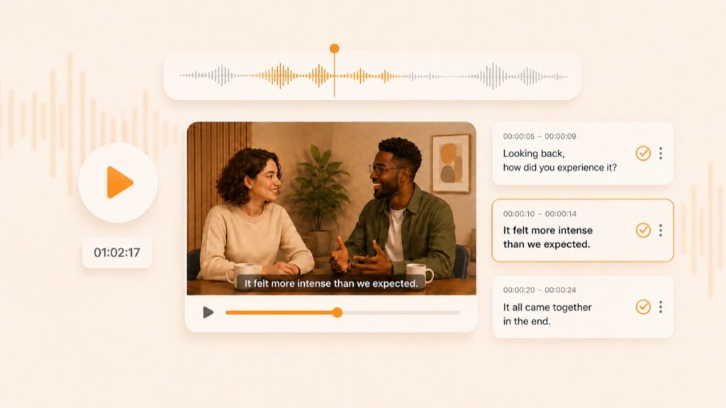 A subtitle-review interface with two speakers and a timed transcript.